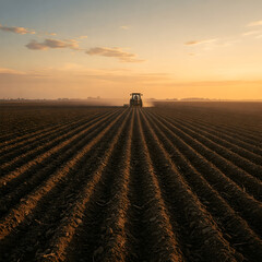 Obraz premium plowed field at sunset