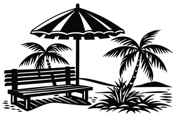 Obraz premium Relaxing Beach Silhouette Vector Deck Chair Umbrella and Suitcase