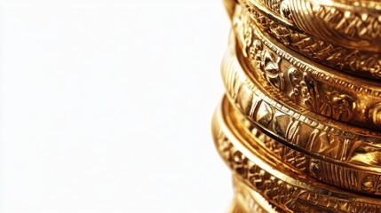 Fototapeta premium Stack of gold coins, close-up, white background, financial wealth, investment