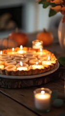 Obraz premium A candlelit pear tart sits on a rustic wooden table