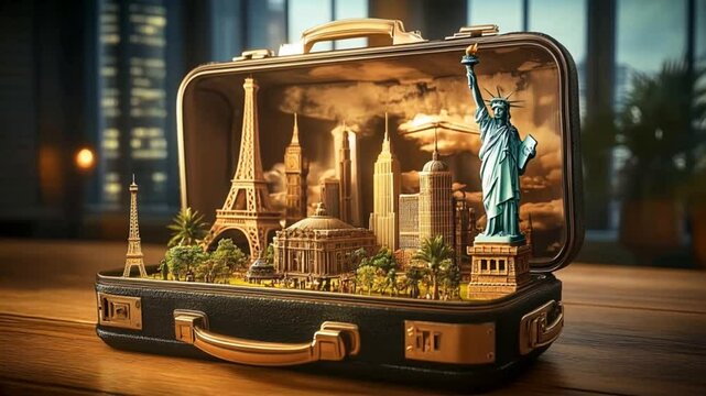 Travel and vacation concept. Suitcase opening with famous landmarks inside. Loop animation.