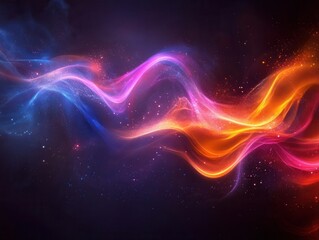 Abstract cosmic energy flow with vibrant colors shimmering particles and dynamic wave motion against dark backdrop for modern design