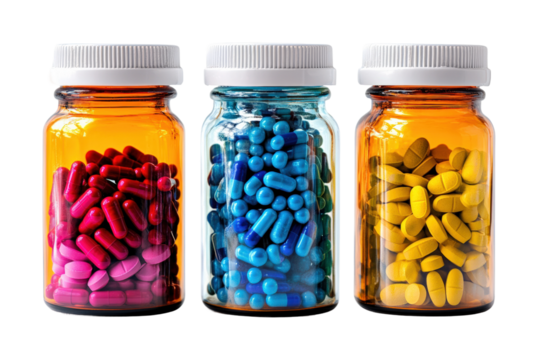 Colorful pills in jars pharmacy product aesthetic isolated on transparent background png