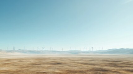Fototapeta premium Wide open plain with floating wind turbines in the background, clear sky, wallpaper AI generated image