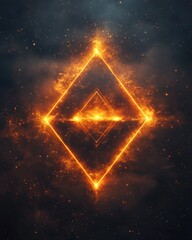 Luminous geometric diamond shape against a dark cosmic background with glowing particles and nebula style clouds