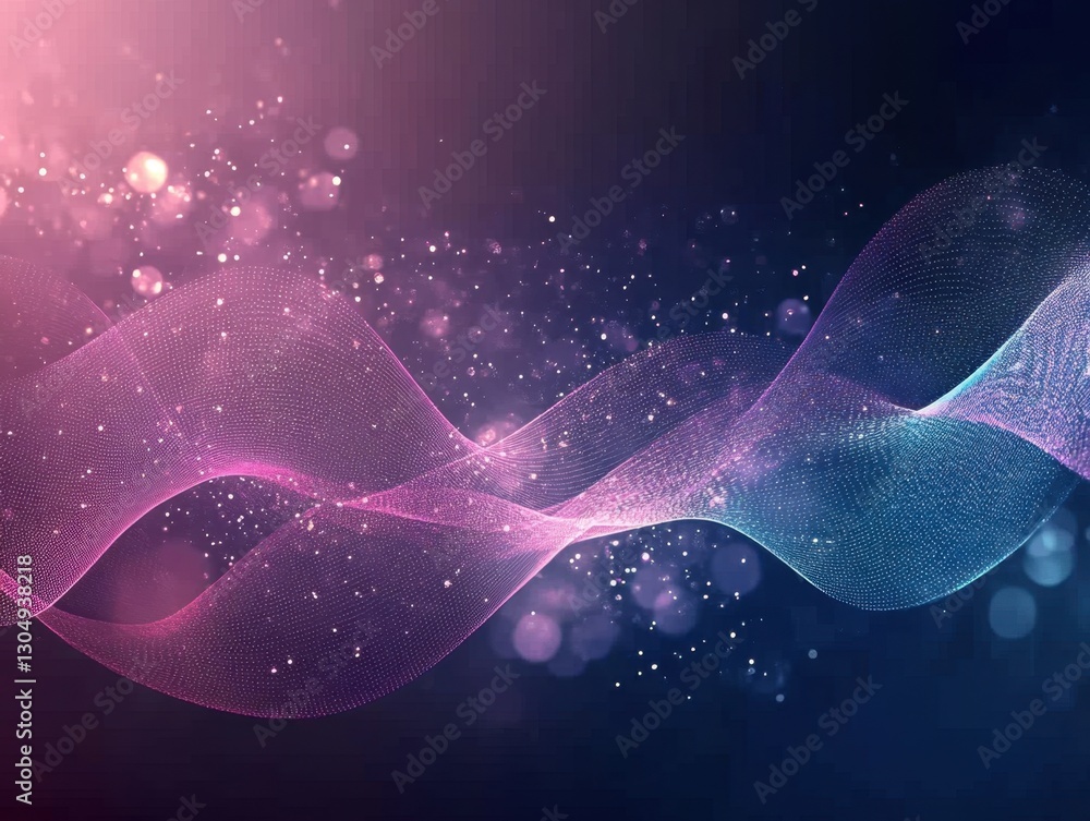 Poster Abstract flowing wave pattern with glowing particles on dark background for modern futuristic design