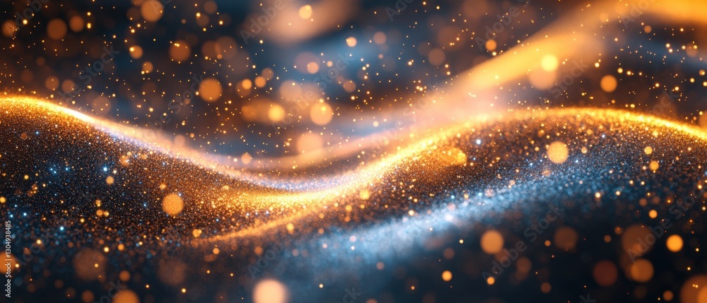 Poster abstract wave of glowing particles in a dark space background with dynamic light and bokeh effect fo