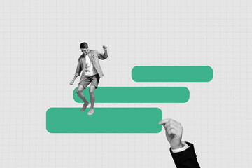 Contemporary art banner collage of happy hipster man step career ladder development communication...