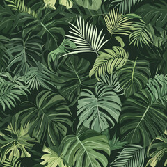 Fototapeta premium seamless pattern of tropical monstera, palm, and banana leaves in a lush green palette. The design should feel vibrant and exotic.