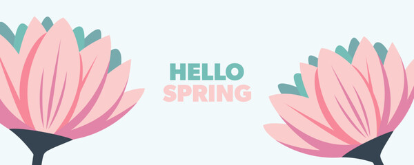 Hello Spring banner with cute flowers for Springtime season greetings and invitations. Vector illustration.  © DmVector