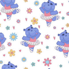 Сhildish seamless pattern with dancing hippo. Animal hippopotamus ballerina print, vector texture for kids birthday, fabric, wallpaper, wrapping paper, textile, t-shirt print © Antonina