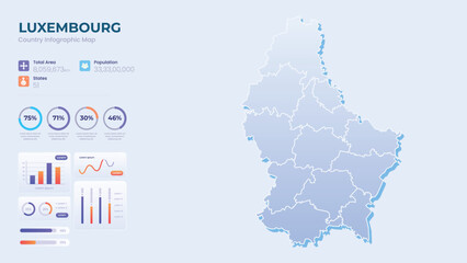Infographic Map of Luxembourg. Total Area, Papulation, States & More Detailed Infographic Map of Luxembourg. Vector Illustration