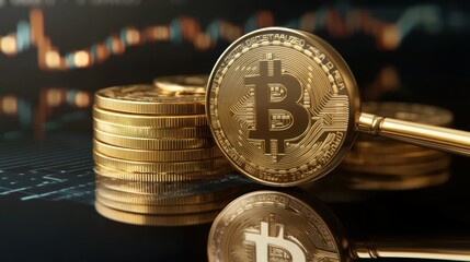 Bitcoin coins and magnifying glass on financial chart. Possible use stock photo of cryptocurrency investment