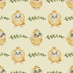 Colorful watercolor chickens in seamless pattern design for textile and wrapping paper