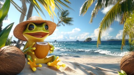 Frog with coconut hat on beach