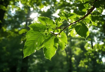 Close-up of sunlight shining through the leaves of a tree branch with raindrops.