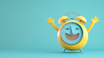 Cheerful alarm clock celebrating on teal background