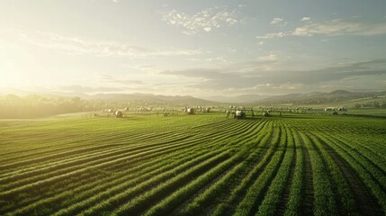 A field with advanced agricultural technology is spread across the landscape background wallpaper AI generated image