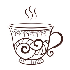Stylized line art illustration of a teacup with decorative swirls and a patterned border, isolated on a white background.