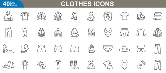 Clothes line icons set. Fashion apparel and accessories for branding, T-shirt, hoodie, sweater, jeans, dress, swimsuit, and more. Vector illustration.