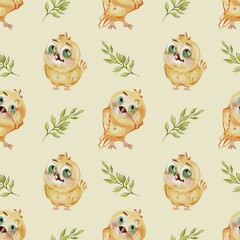 Playful yellow chickens in a seamless watercolor pattern for fabric and packaging design