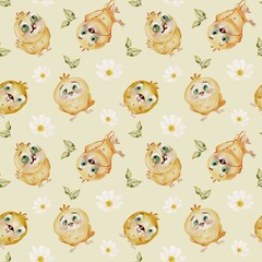 Playful chicken watercolor pattern for textile and wrapping design projects