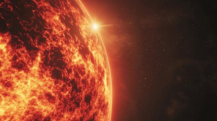 A close-up view of a flaming sun emitting radiant energy and light.