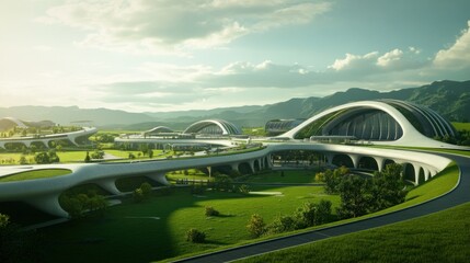 Obraz premium A transportation hub built in a lush green landscape, empty open fields background wallpaper AI generated image