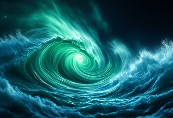 The Cosmic Wave: A Vibrant Swirl of Green and Blue Light Dancing Through Space.