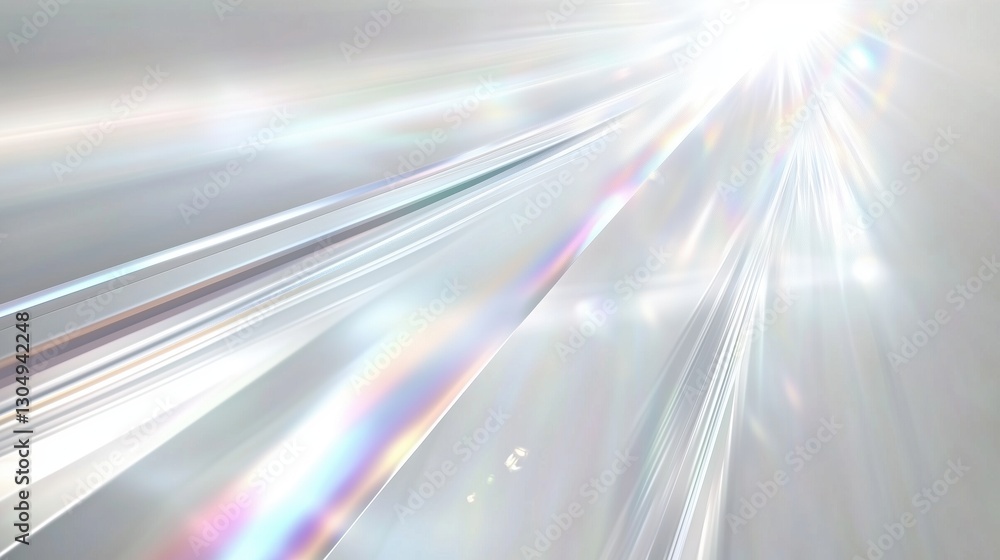 Poster elegant white background with prismatic light rays and rainbow dispersion, featuring a transparent g
