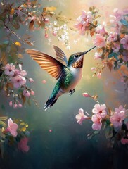 Naklejka premium A hummingbird in flight amidst a profusion of delicate pink blossoms. Sunlight filters through the branches, creating a warm and vibrant atmosphere.