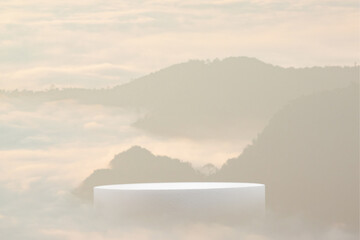 minimal white podium on cloud outdoors with mountains sky at sunrise nature landscape background.beauty cosmetic placement pedestal present stand display dreamy concept.