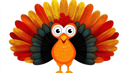 Cartoon Thanksgiving Turkey with Colorful Fan Shaped Feathers