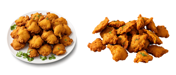 A handful of spicy vegetable pakoras with visible herbs and crispy, irregular shapes. Transparent background.