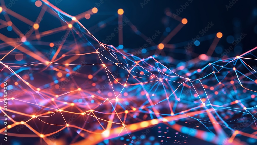 Poster colorful interconnected lines and nodes represent digital network in an abstract design with a futur