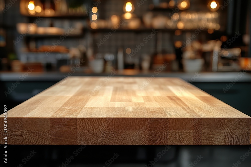 Aufkleber rustic wooden countertop surface in warm kitchen setting with blurred background and soft lighting i