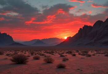 Naklejka premium The sun sets on a vast desert landscape, casting a fiery glow over the sandy dunes and rocky outcroppings.