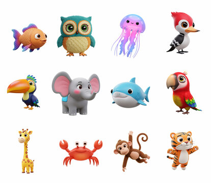Animals, birds and fish. 3d render cartoon icon set. Owl, woodpecker, toucan, parrot, elephant, tiger, monkey, giraffe, crab, jellyfish, starfish, shark
