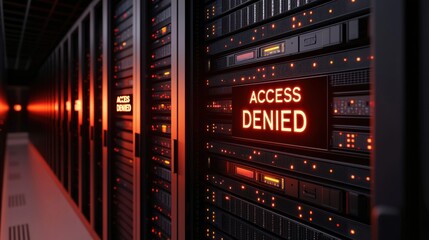 Server Room with Red Access Denied Sign and Dark Technology Background
