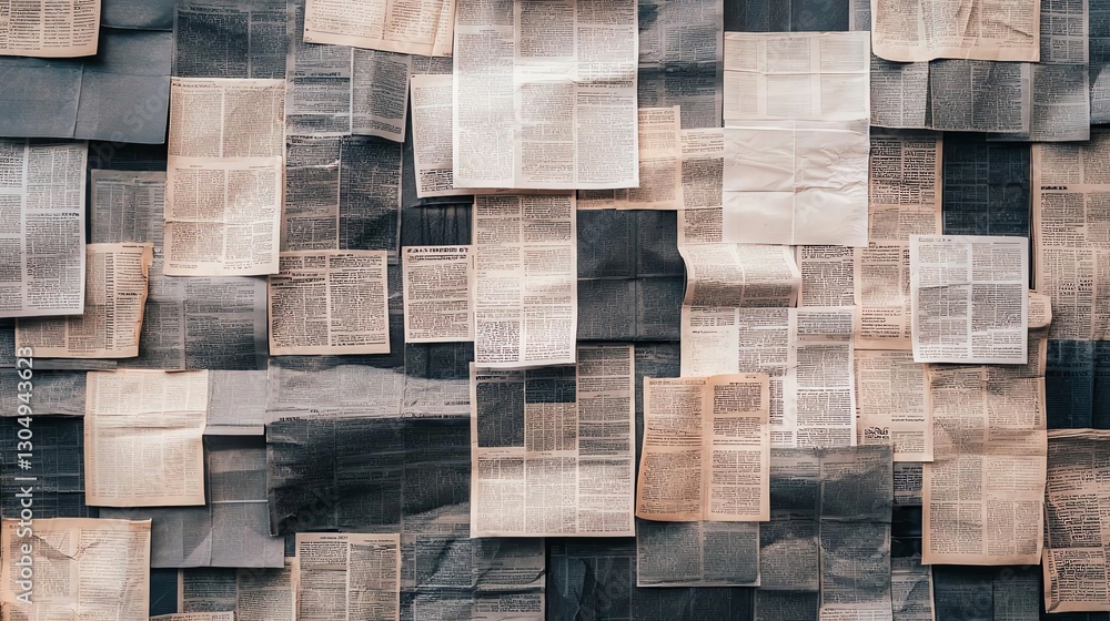 Poster a textured display of scattered, layered newspaper pages creating an abstract background.