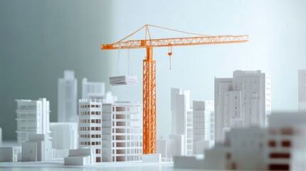 Obraz premium Close-up of an architect 3D paper design model, showing a construction crane next to a high-rise building. background wallpaper AI generated image