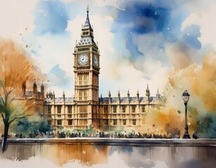 Fototapeta premium watercolor painting of big ben in london city the uk english symbol artistic picture generative ai
