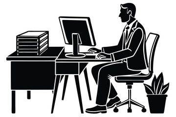 Office male working on her desk with PC or laptop silhouette illustration black and white design