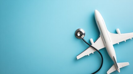 Airplane model with stethoscope on light blue background. Possible use Travel health or safety stock photo