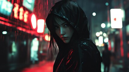 An Asian woman with black hair, wearing a hood, walks through a vibrant, neon-lit cyberpunk city. background wallpaper AI generated image