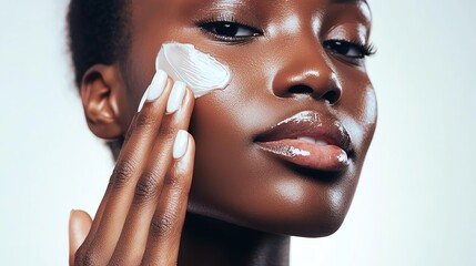 A woman applies skincare cream while focusing on her skincare routine.