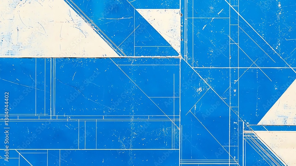 Poster abstract blueprint design in blue and white showcasing geometric patterns and textures.