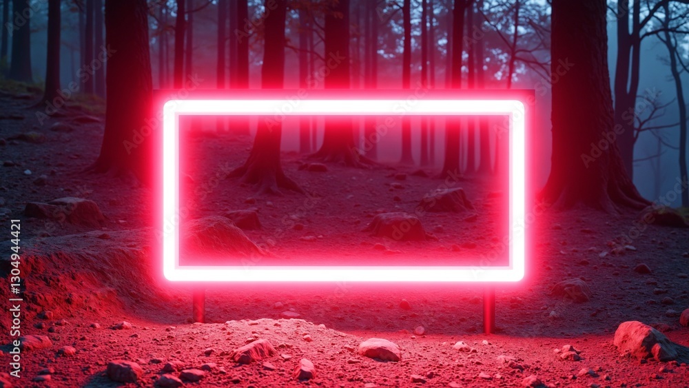 Poster rectangular neon shimmering luminous form on the background of a dirt forest surface, rectangular neon for product display presentation