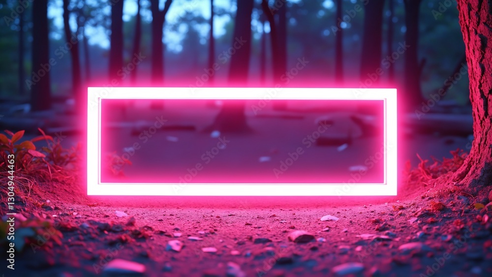 Aufkleber rectangular neon shimmering luminous form on the background of a dirt forest surface, rectangular neon for product display presentation