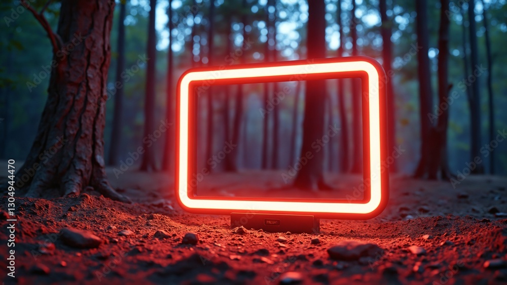 Aufkleber rectangular neon shimmering luminous form on the background of a dirt forest surface, rectangular neon for product display presentation